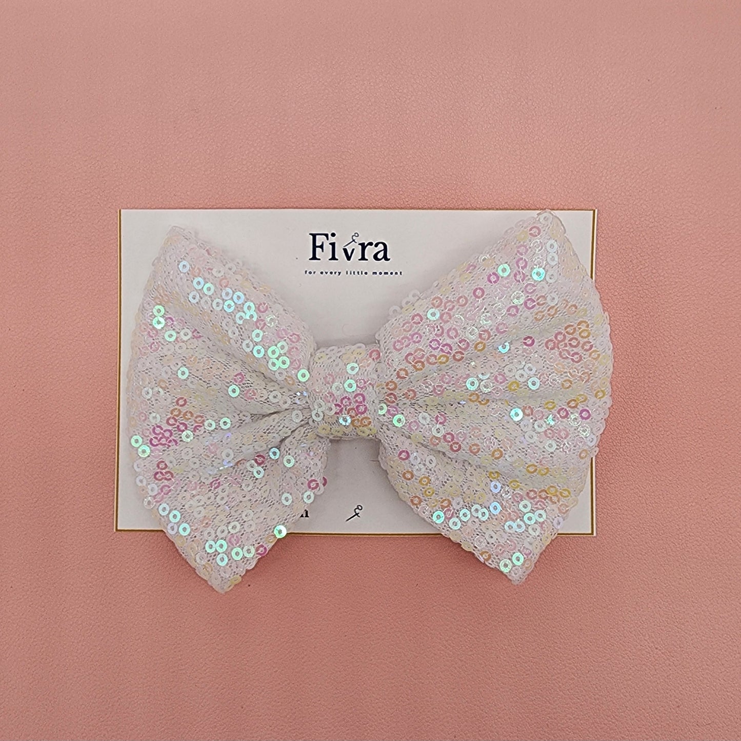 Large hair bow - Alligator hair clip - White iridescent sequin