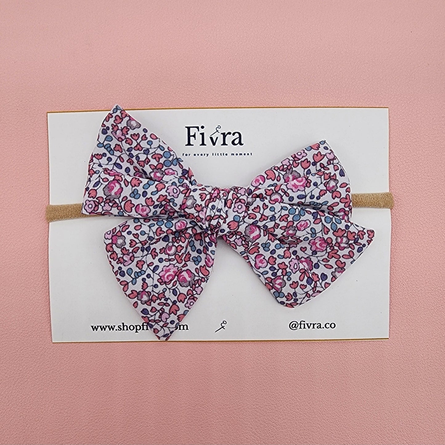 Medium hair bow - Nylon headband - Flowers pink/blue