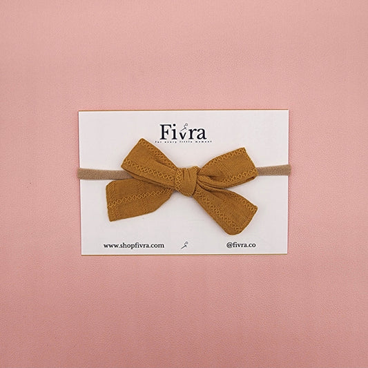 Small, large skinny hair bow - Nylon headband - Mustard