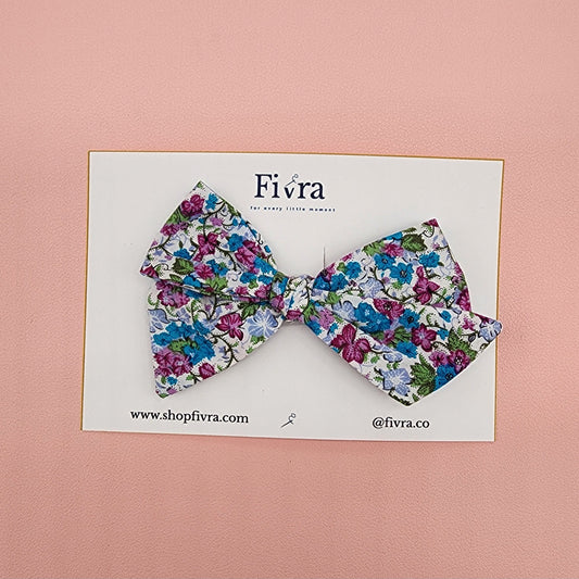 Medium hair bow - Alligator clip - purple/blue flowers