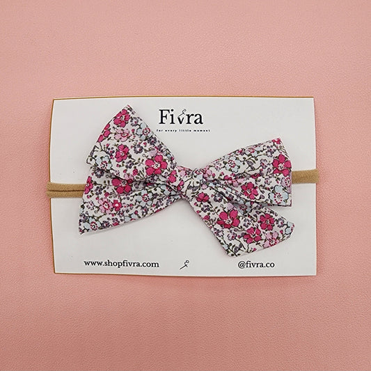 Medium hair bow - Nylon headband - Flowers Pink