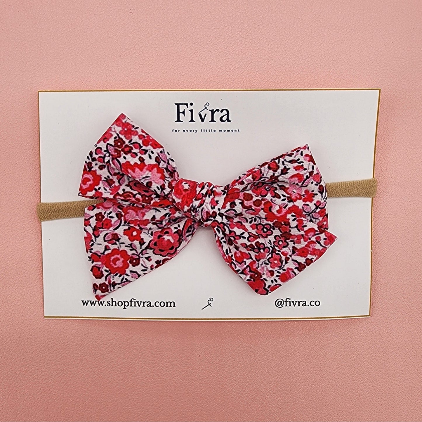 Medium hair bow - Nylon headband - Flowers Red/pink