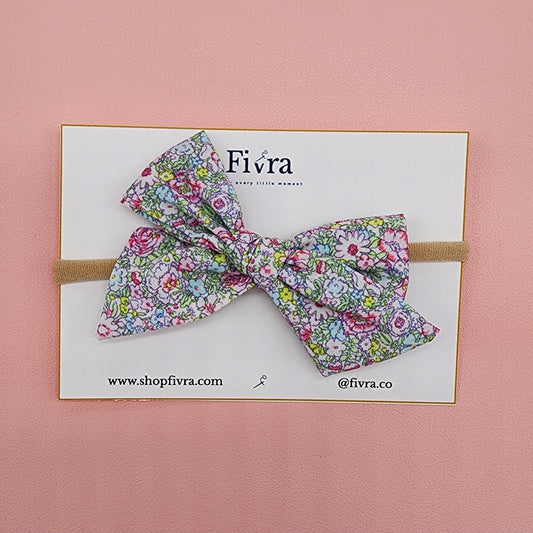 Medium hair bow - Nylon headband - Flowers green/pink