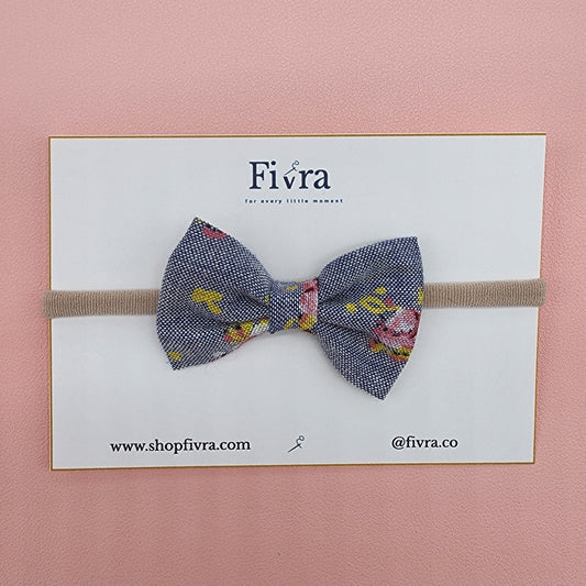 Small hair bow - Nylon headband - Denim flowers