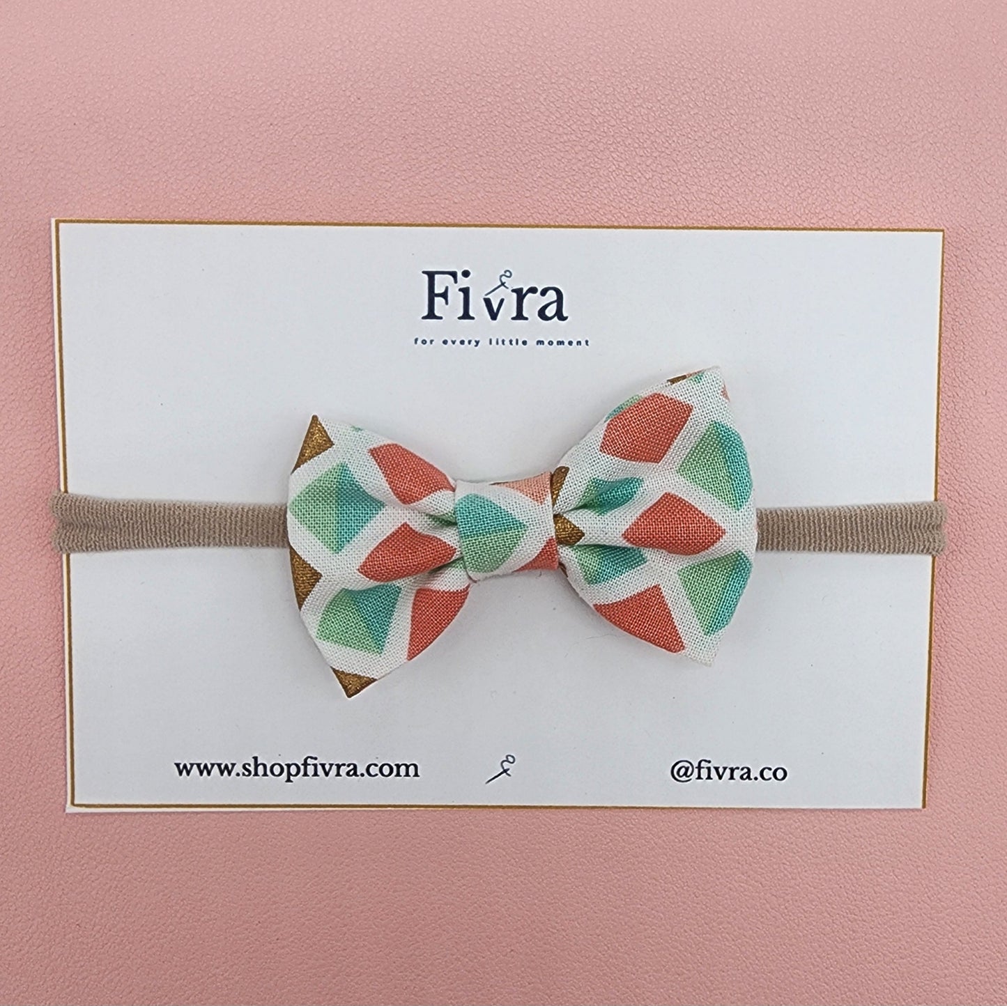 Small hair bow - Nylon headband - Geometric mint/rose