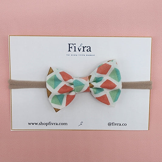Small hair bow - Nylon headband - Geometric mint/rose