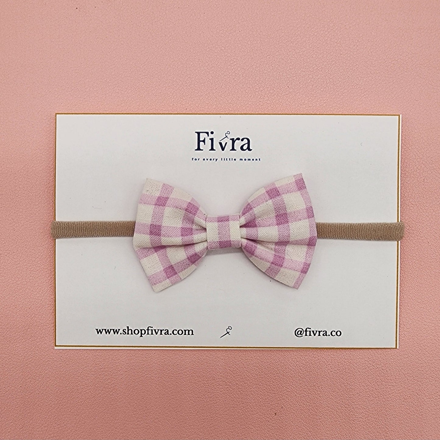 Small hair bow - Nylon headband or clip - Pink plaid