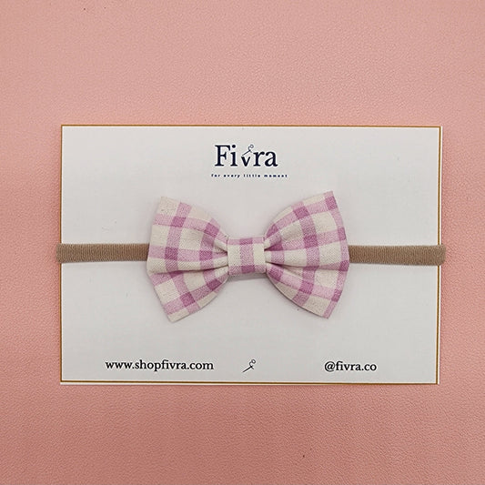 Small hair bow - Nylon headband or clip - Pink plaid