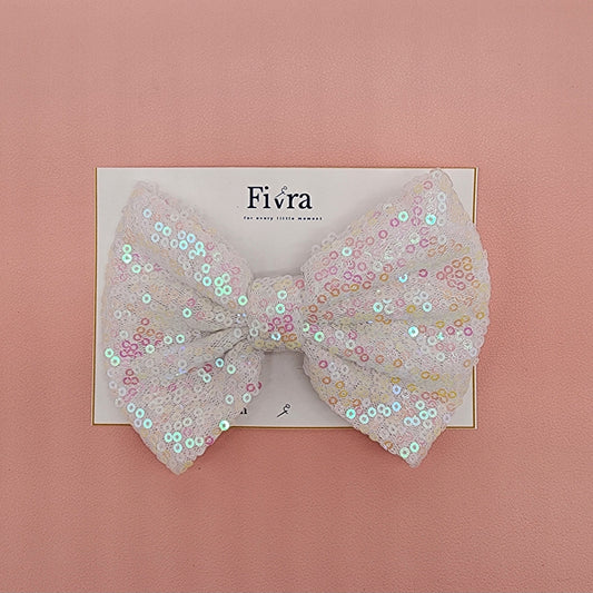 Large hair bow - Alligator hair clip - White iridescent sequin