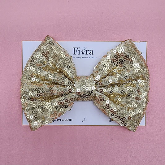 Large hair bow - Alligator hair clip - Pale gold sequin