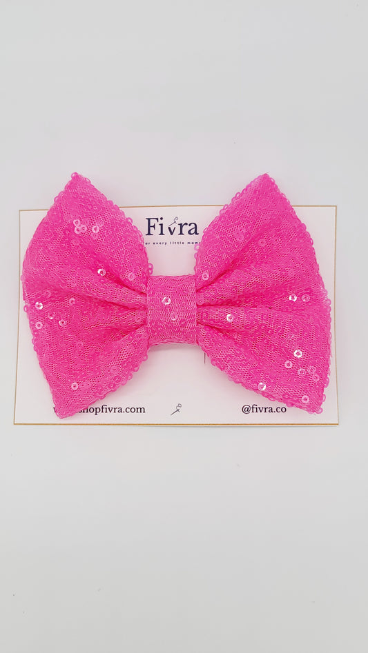 Large hair sequin bow - alligator clip - Neon pink
