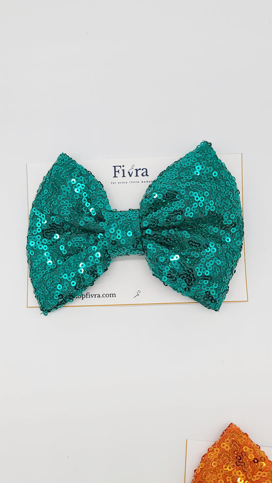 Large hair sequin bow - alligator clip - teal